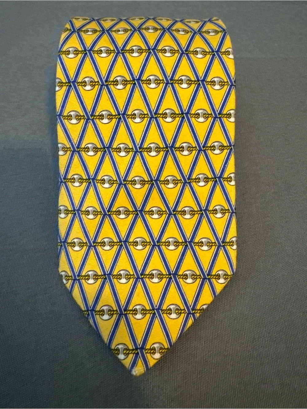 Brooks Brothers Yellow Silk Tie with Blue Lattice and Brown, Gold Accents
